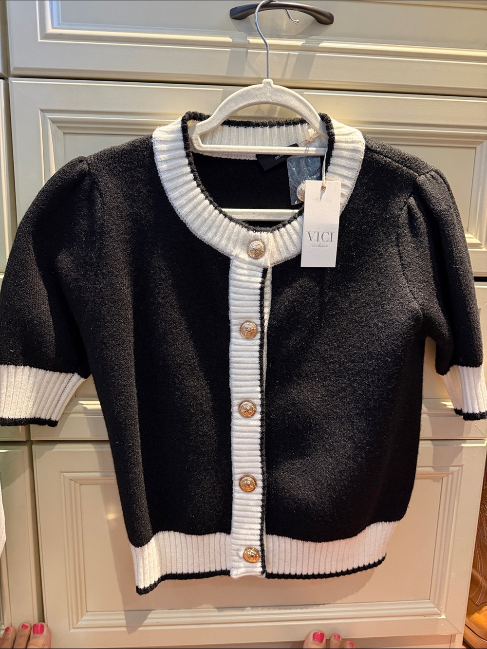 VICI Black & White Short Sleeve Rib-Trim Button Cardigan